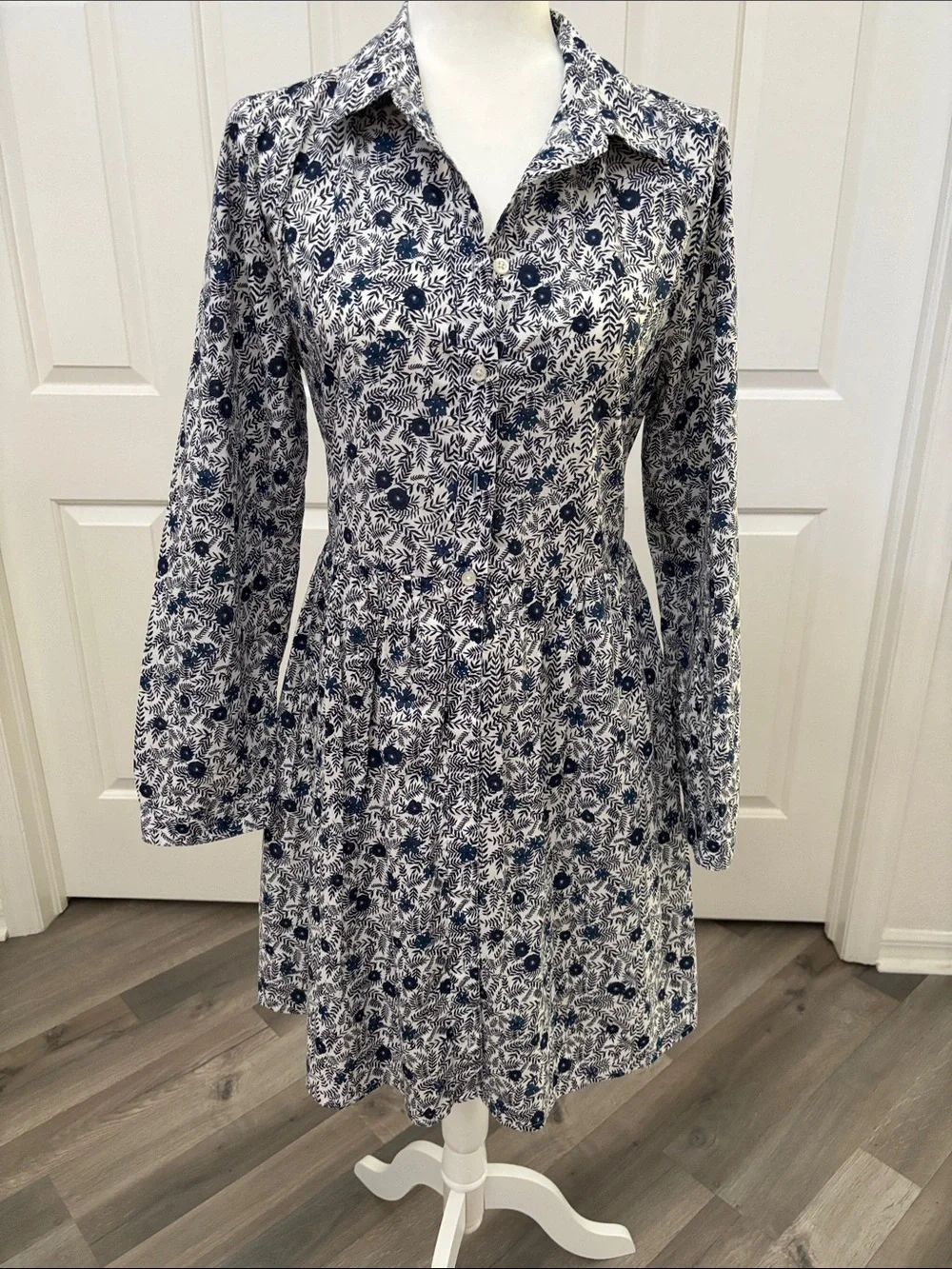 J. Crew Navy & White Floral Long-Sleeve Button Dress